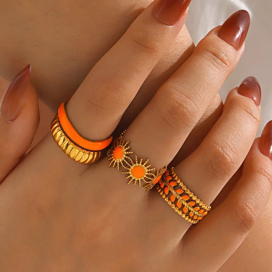 Orange Sun Leaf Open Ring – Gold Resin Accent