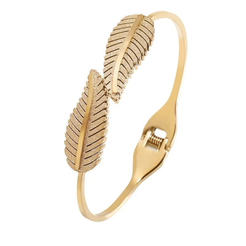 Feather Leaf Open Cuff Bracelet – Stainless Steel