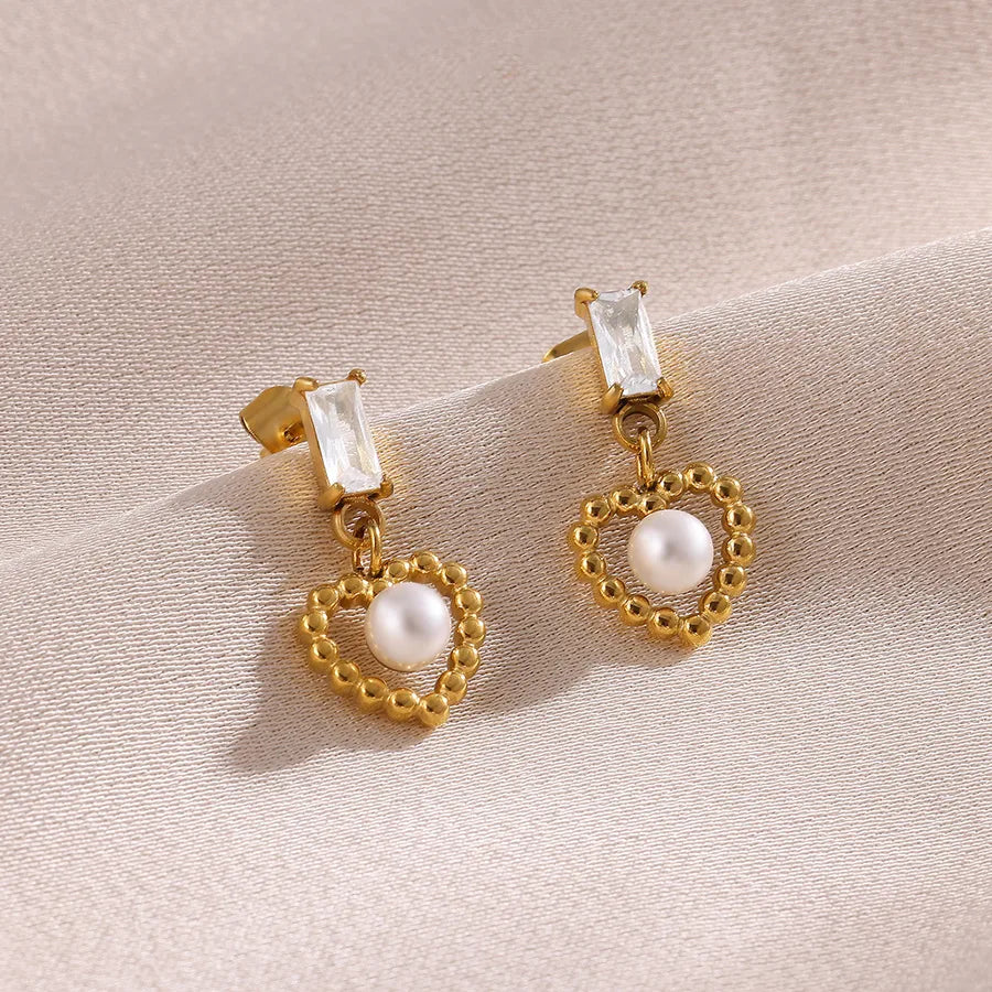Heart-Shaped Pearl & Zircon Stud Earrings