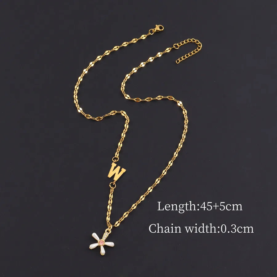Gold Initial Flower Pendant Necklace for Women Gold W
