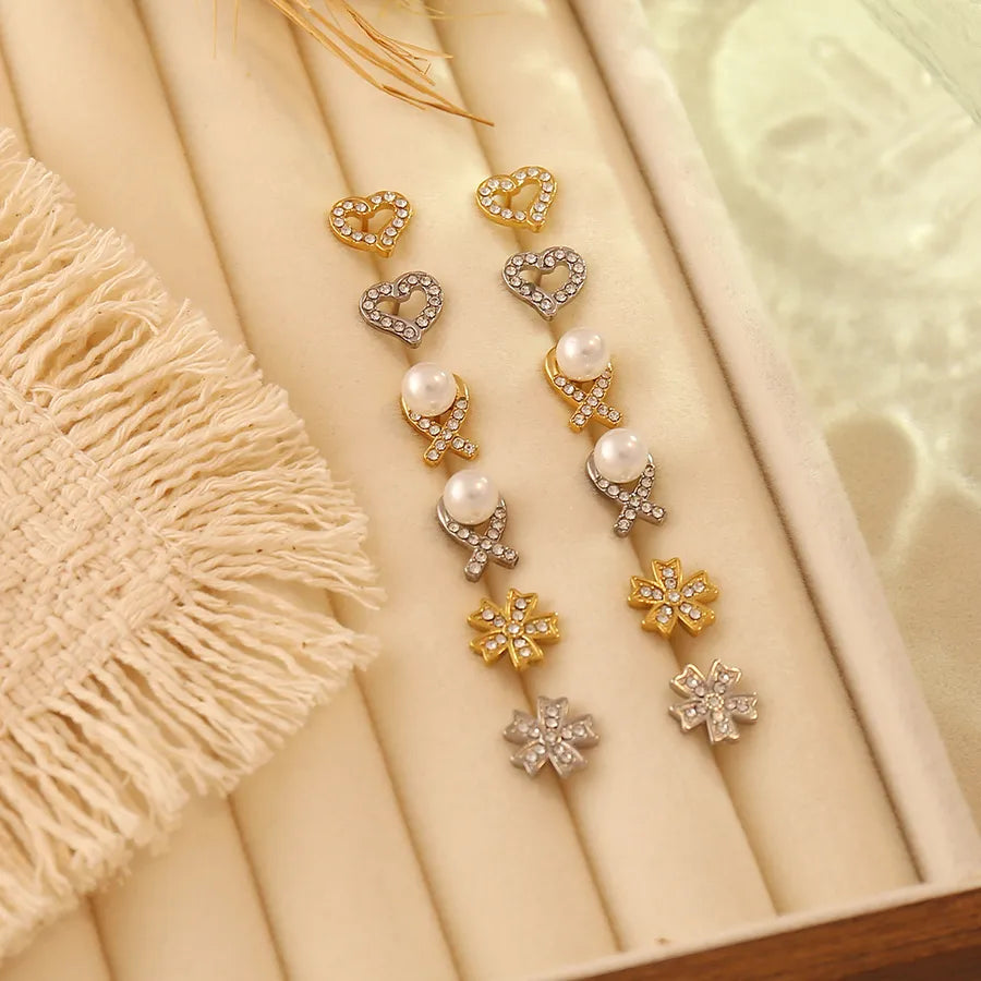 Elegant Heart & Flower Gold-Plated Stud Earrings