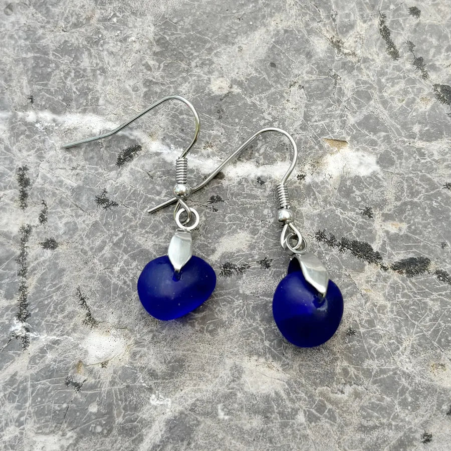 Sea Glass Dangle Earrings with Stainless Steel Hooks Steel Color Ear Hooks-Sapphire Blue Sea Glass