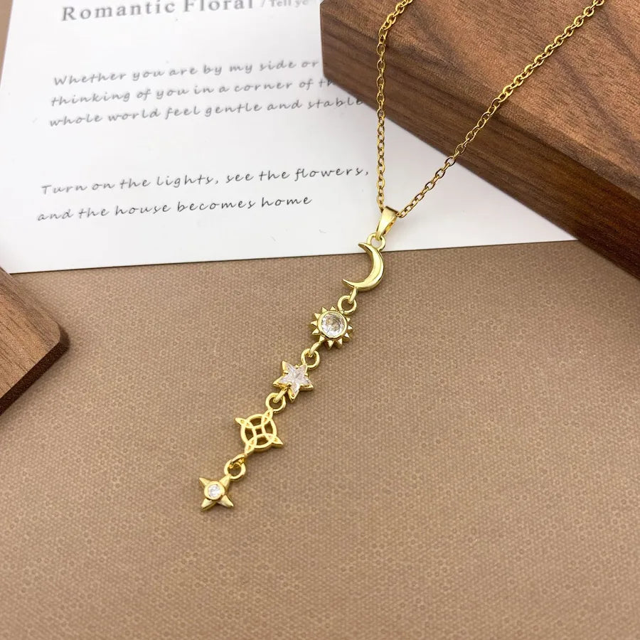 Gold Plated Sun Moon Star Pendant Necklace XL5141 Moon Star Tassel Necklace Gold