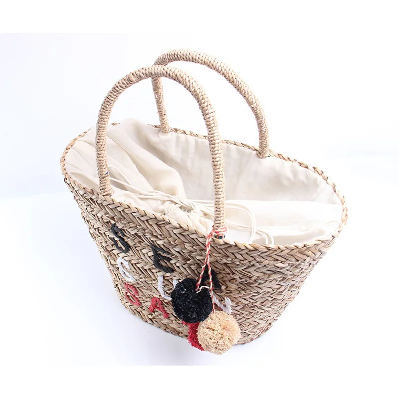 Women's Color Block Straw Bucket Beach Bag