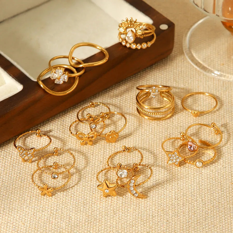 Star Flower Bow Knot Open Ring – 18K Gold Plated