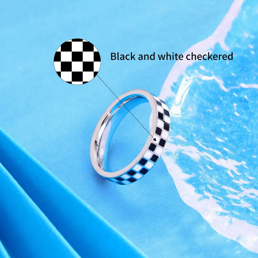 Retro Titanium Steel Geometric Couple Ring Black and White Plaid Ring Steel Color Q8
