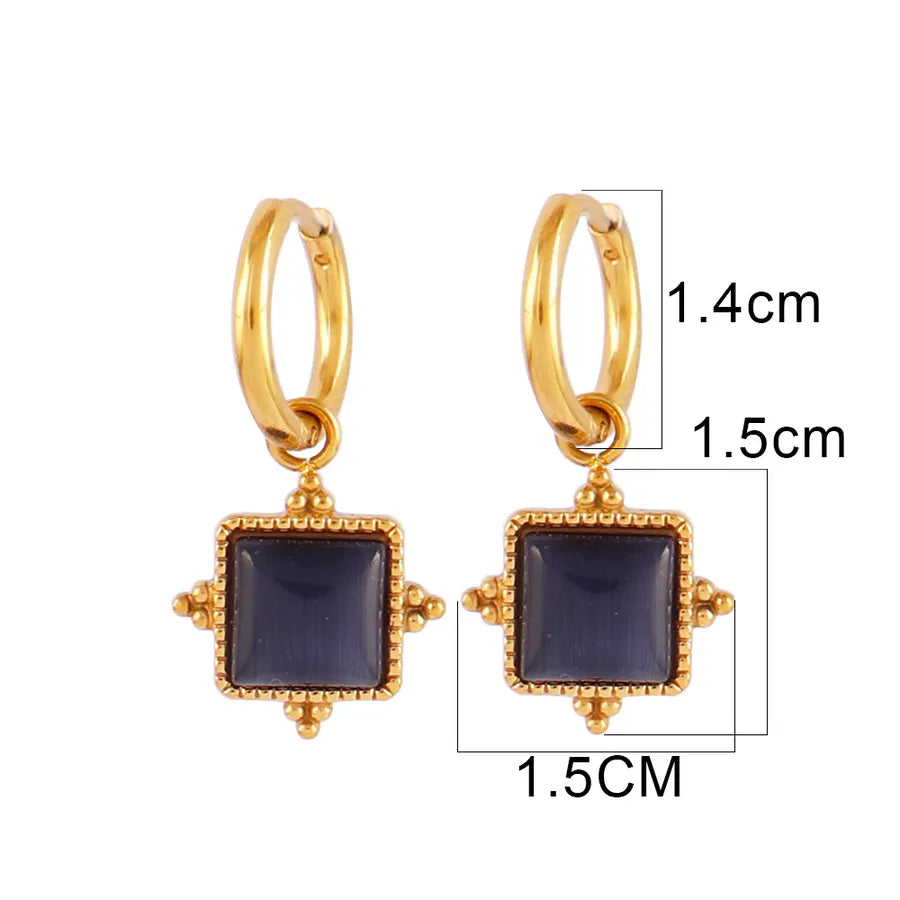 Turquoise Gold-Plated Geometric Hoop Earrings Dark Blue Cat Eye-B0119