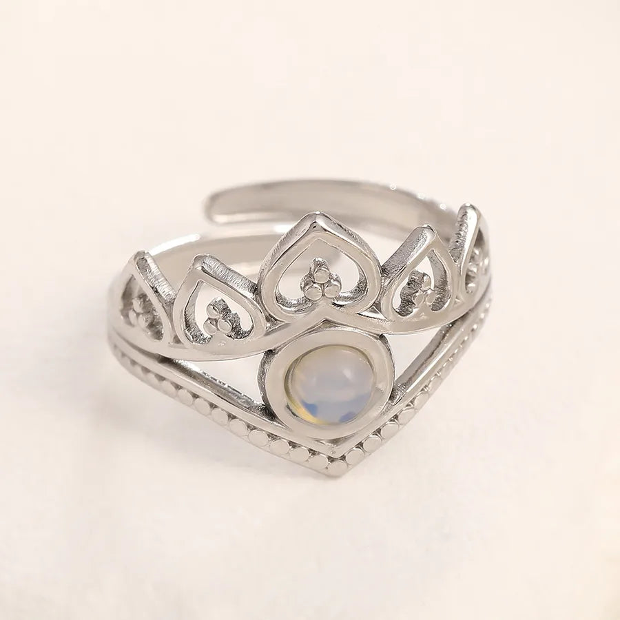 Adjustable Gold Crown Ring in Stainless Steel Adjustable Opening Steel color love white stone