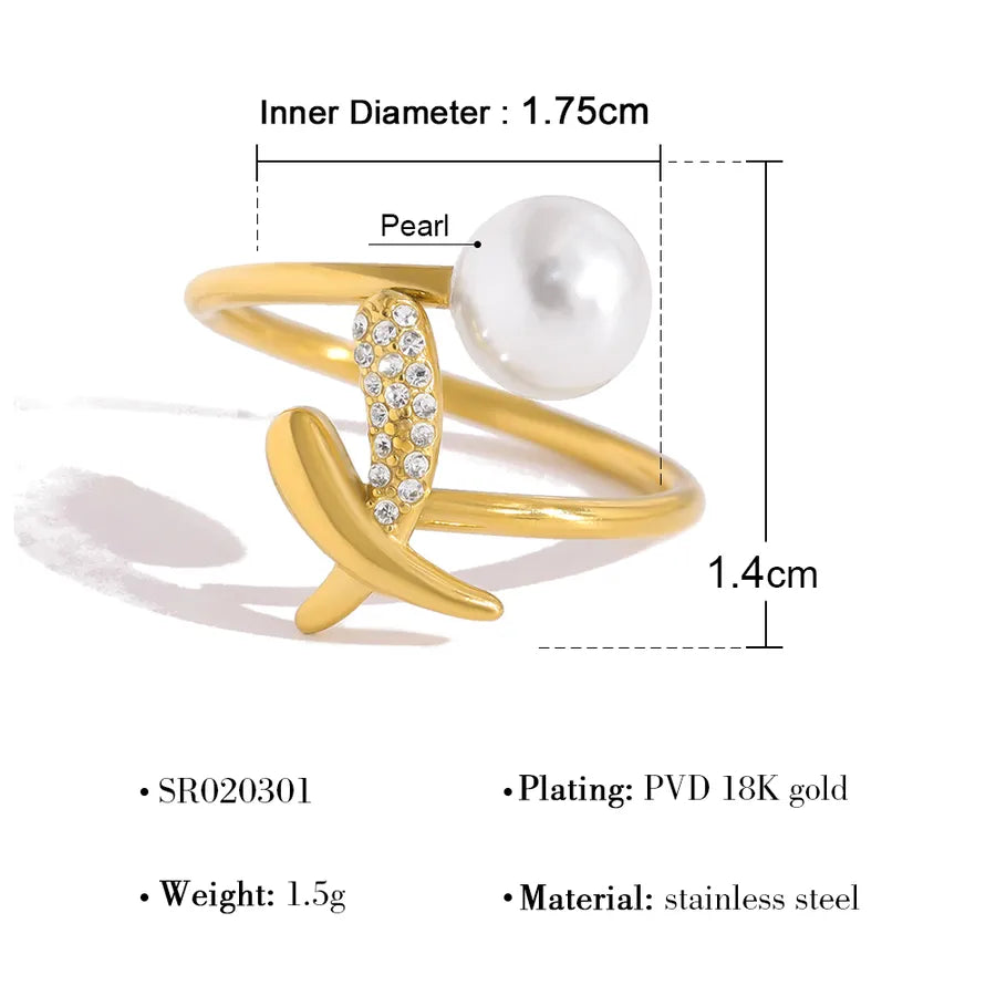 18K Gold Pearl & Diamond Titanium Steel Ring SR020301