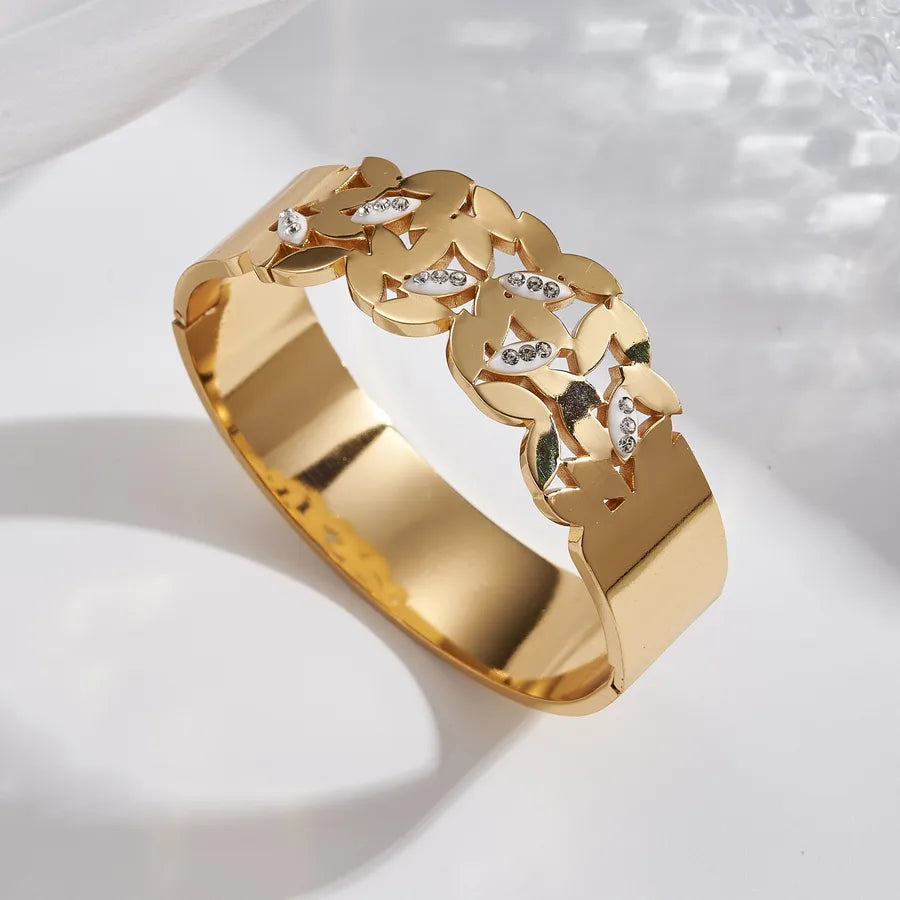 18K Gold Plated Floral Open Bangle Bracelet B (inner Diameter: About 60x50mm) 1 Pc Package