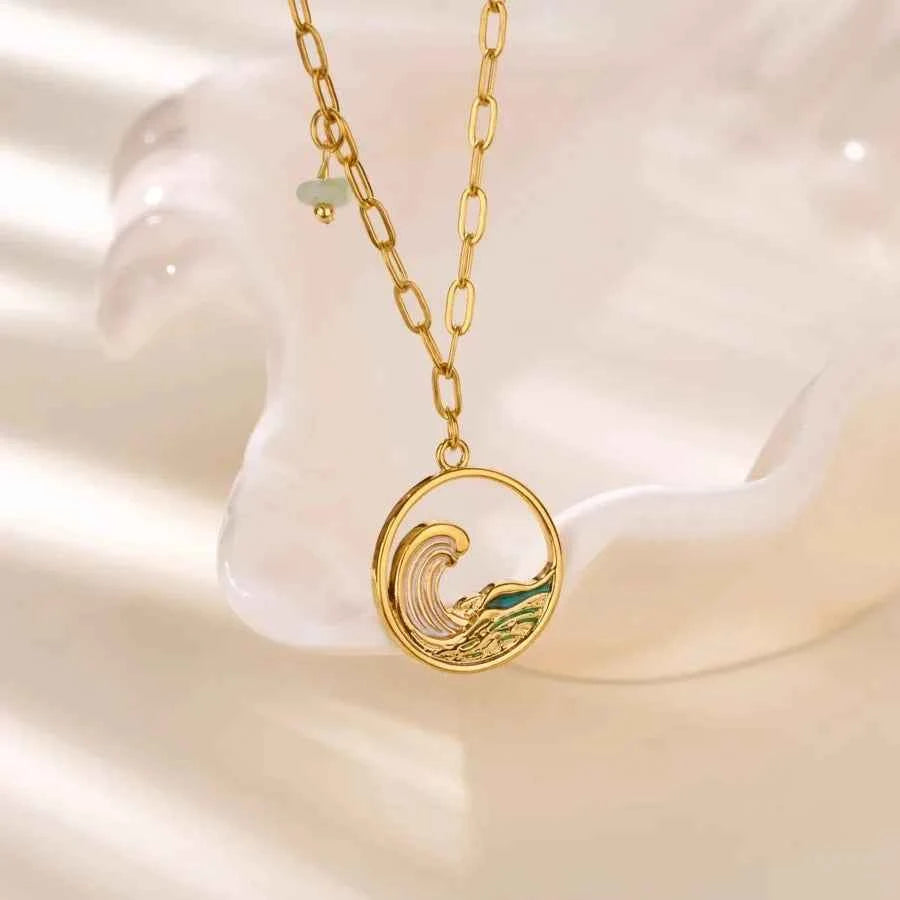 18K Gold Wave & Palm Tree Pendant Necklace