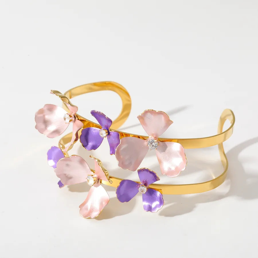 18K Gold Plated Flower Zircon Stainless Steel Bracelet 1-Adjustable-Purple