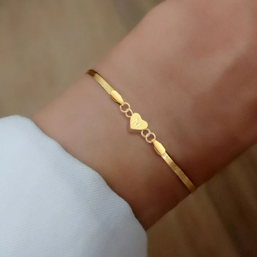 Gold Heart Initial Bracelet for Women
