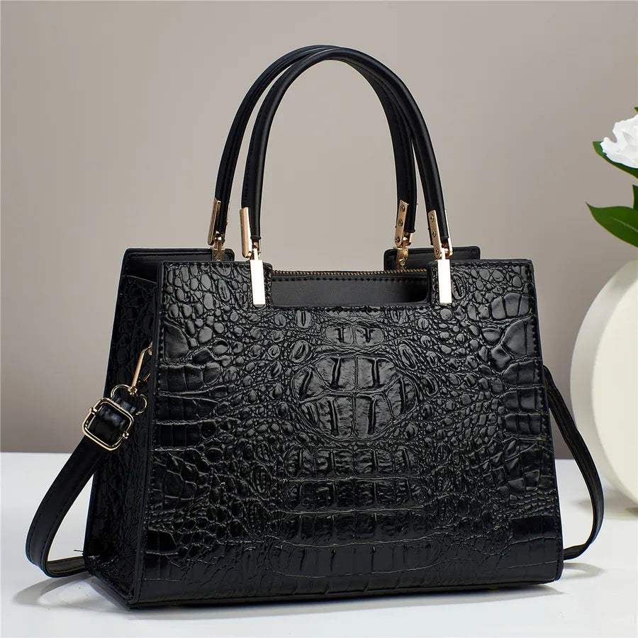Crocodile Pattern Large Shoulder Handbag Black