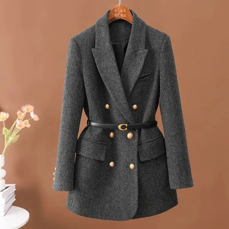 Women's Double-Breasted Woolen Blazer Coat Gray Pattern