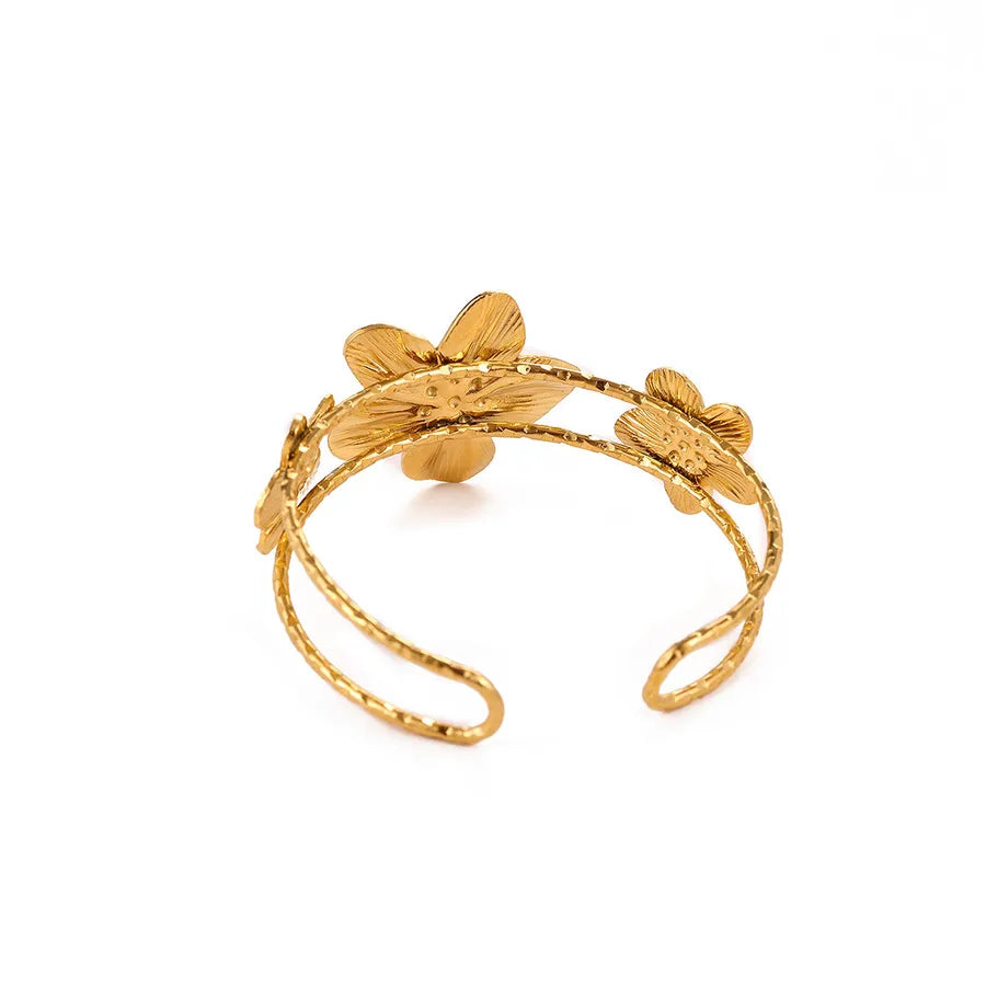 Gold Flower Open Bangle Bracelet for Women