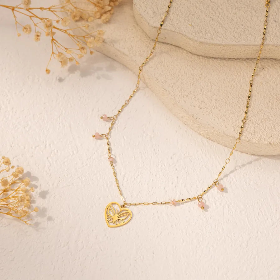 18K Gold Heart & Butterfly Stainless Steel Necklace Average Size Multicolor X-09-53