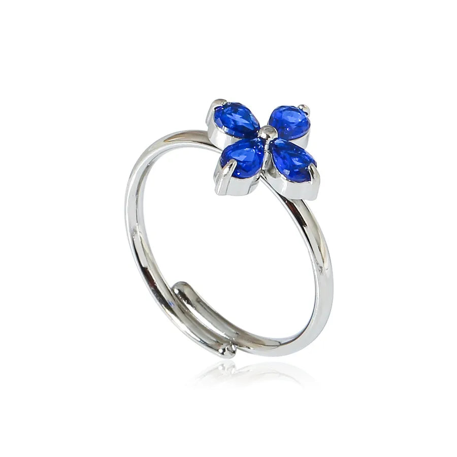 18K Gold Plated Flower Ring in Titanium Steel Titanium Steel Silver -Blue Stone R0022S-2