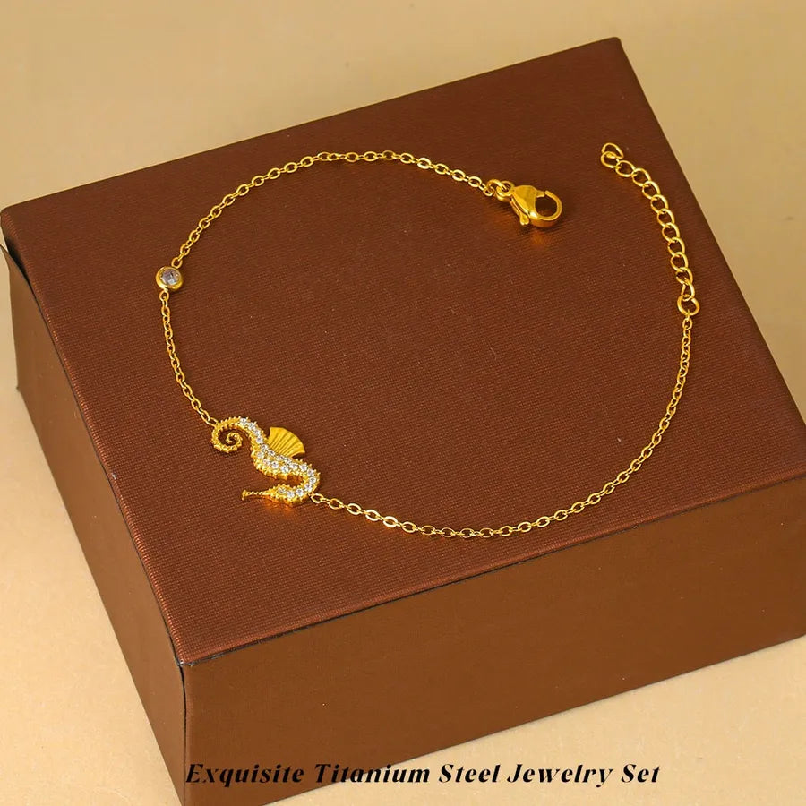 White Star Ocean Bracelet – Titanium Steel & Zircon Gold Seahorse Non-Fading Bracelet B0023G