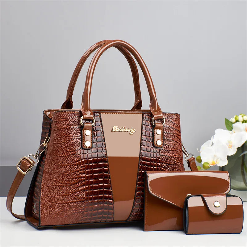 3-Piece Crocodile Pattern PU Shoulder Bag Set Brown 30*11*22cm