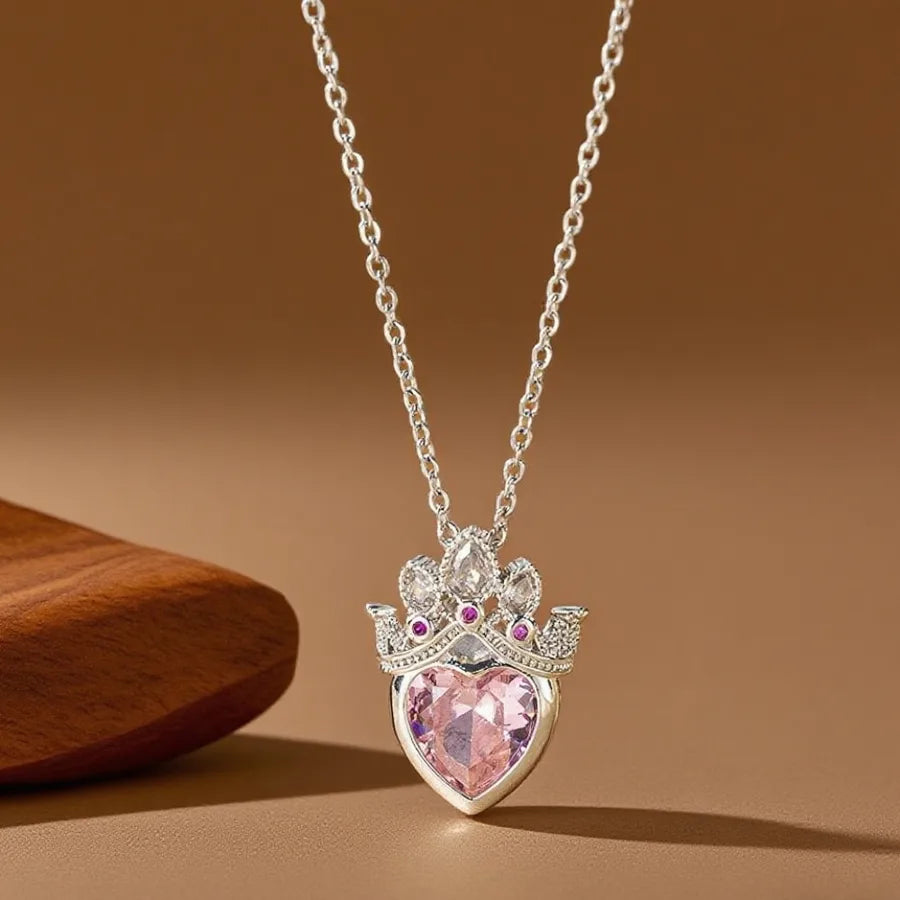 Geometric Titanium Steel Necklace for Women X08161 [Copper Pendant] Pink Diamond Crown - Necklace - Silver