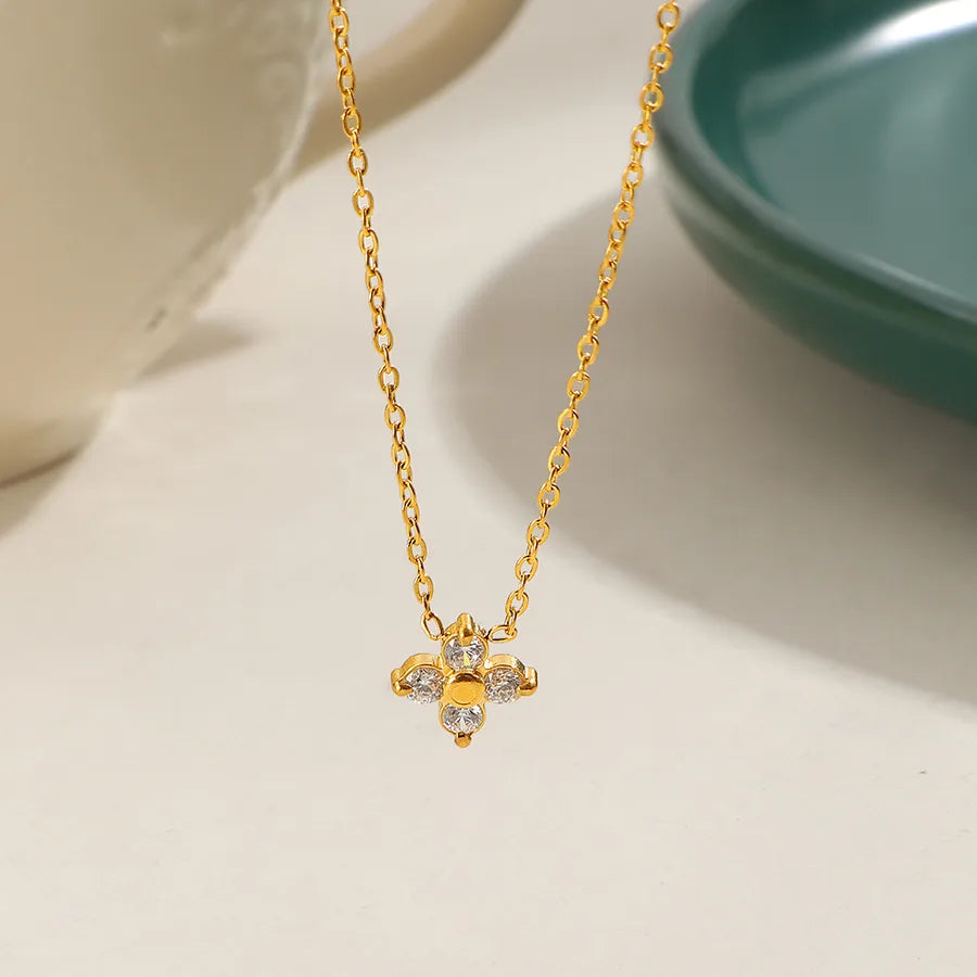 Gold Zircon Flower Pendant Necklace – 18K Plated