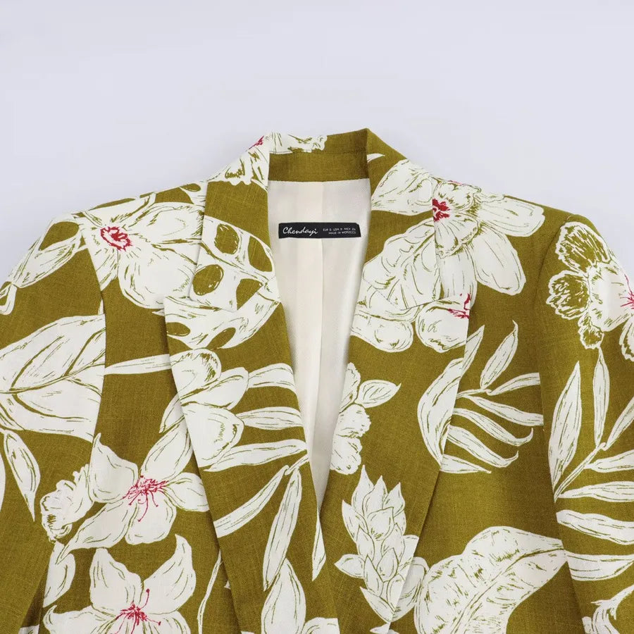 Elegant Floral Linen Blend Suit Jacket