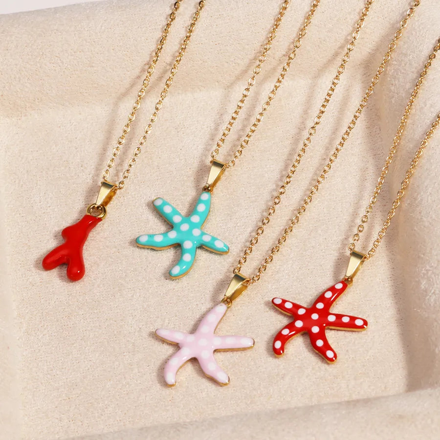 Gold Enamel Starfish Pendant Necklace