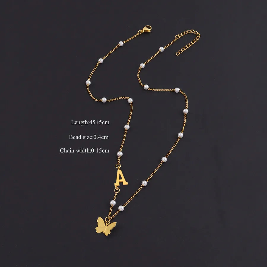 Gold Butterfly Letter Pendant Necklace Gold A