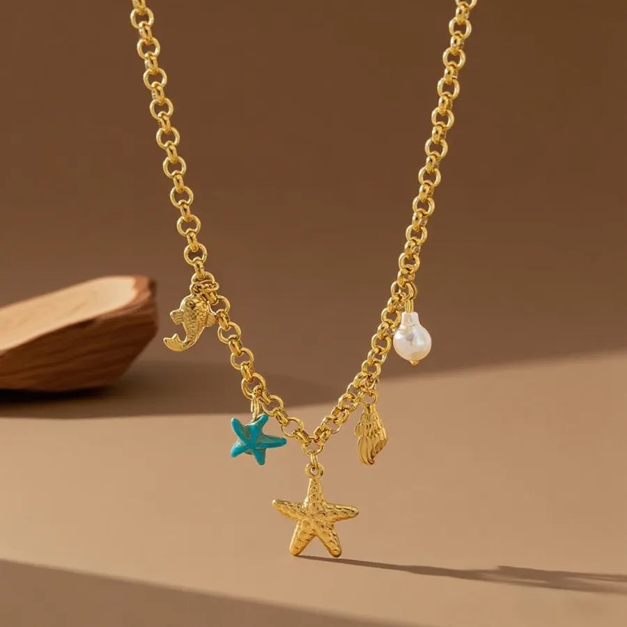 Titanium Steel Starfish Shell Pendant Necklace X01283-Pearl Blue Starfish-Necklace- Gold