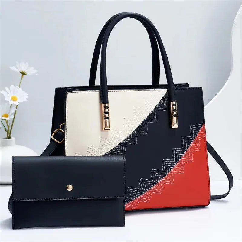 Color Block PU Shoulder Crossbody Handbag Set Black Default