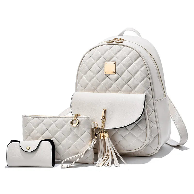 Women's Quilted PU Backpack Set with Bow & Tassel