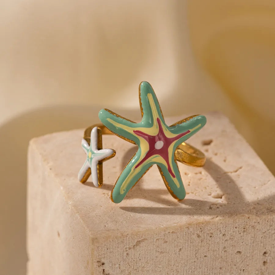 Gold Mermaid & Starfish Stainless Steel Ring