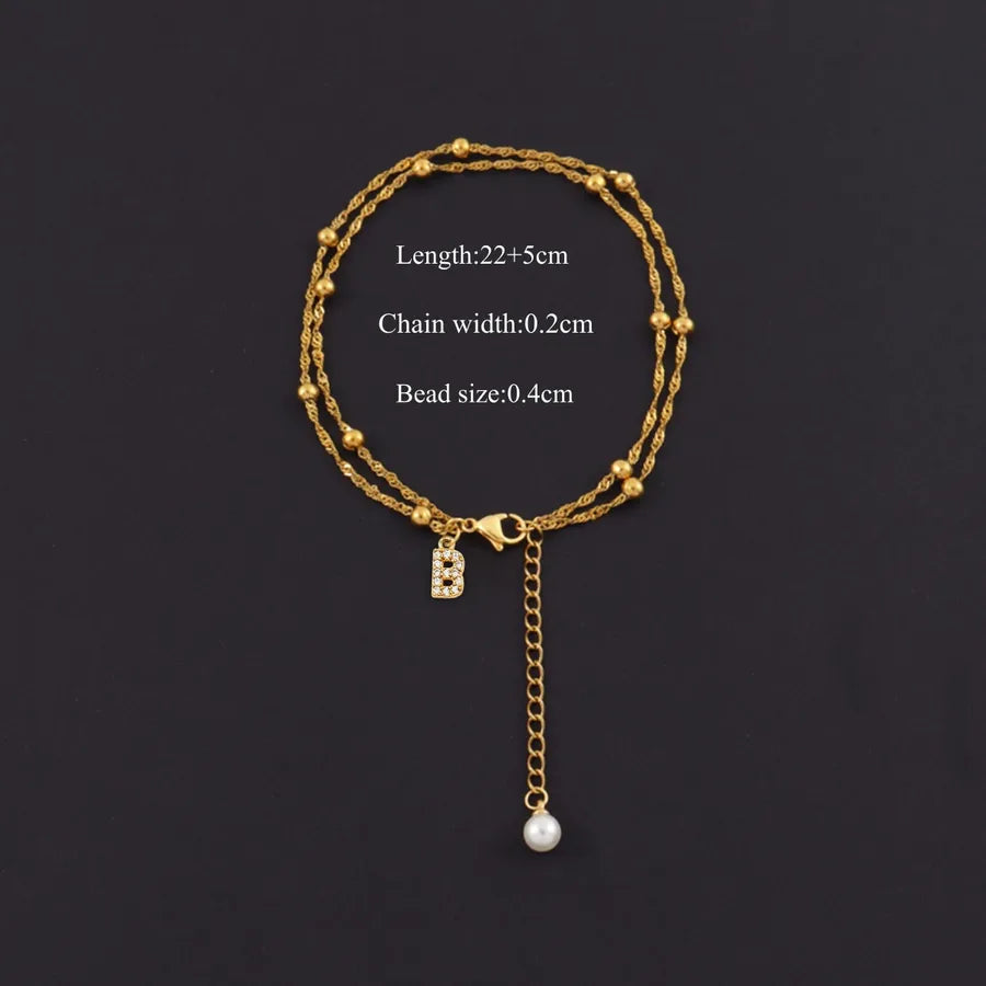 Gold Plated Letter Anklet with Pearl & Zircon Gold B