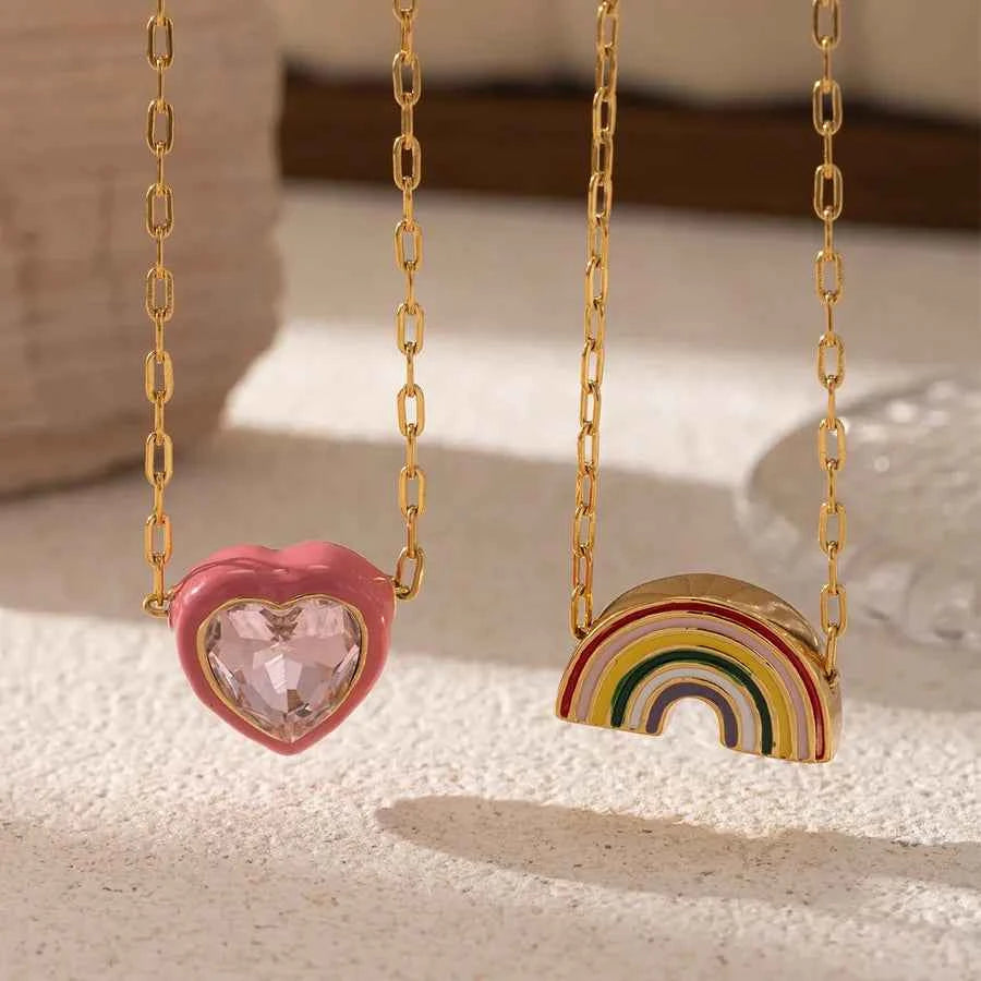 Rainbow Heart Pendant Necklace – Gold Plated