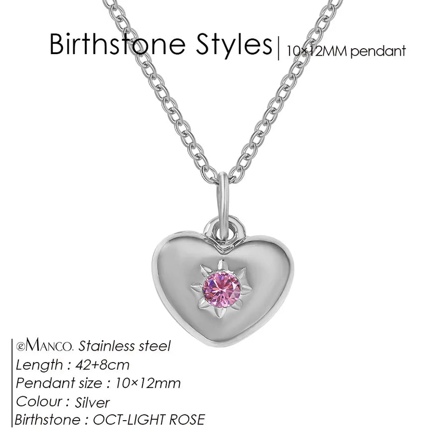 14K Gold Heart Birthstone Necklace for Women October Pink Steel Color