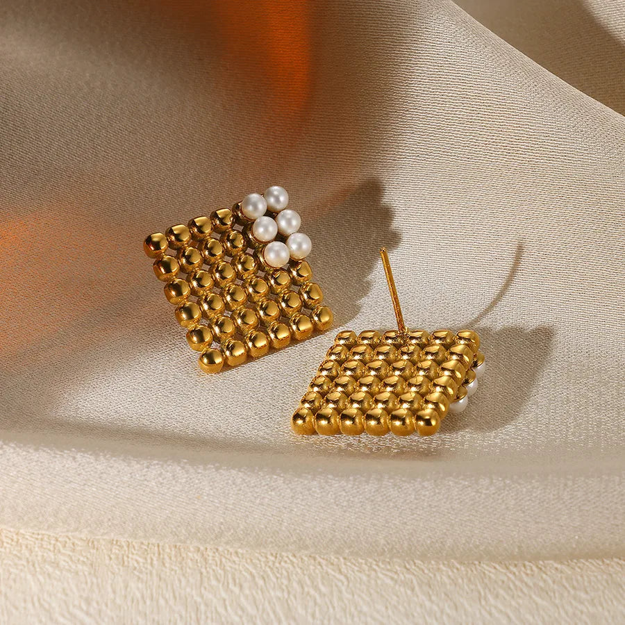 Gold Plated Geometric Pearl Stud Earrings