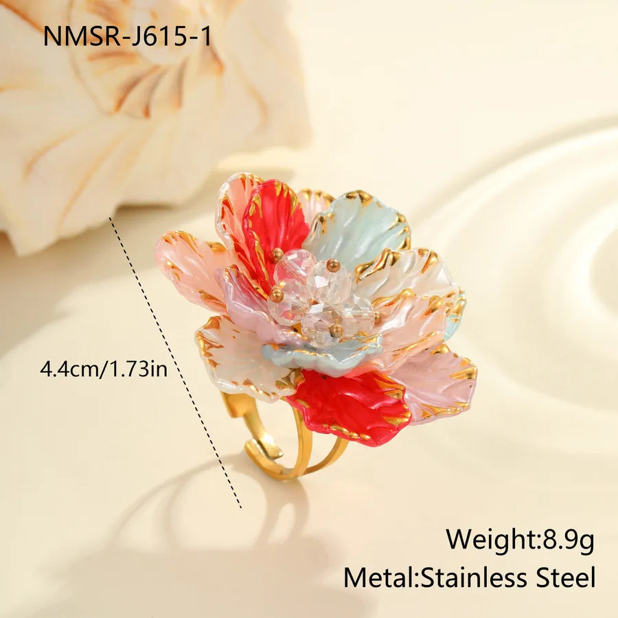 Colorful Flower Pearl Ring – Gold Stainless Steel NMSR-J615-1