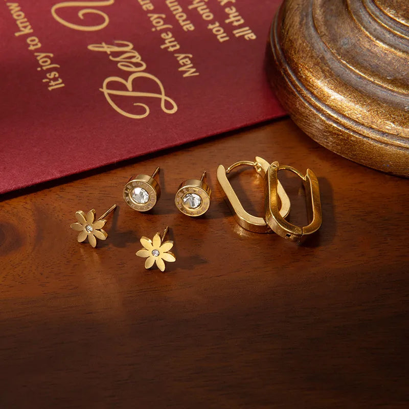 Geometric Floral Stainless Steel Earrings Set