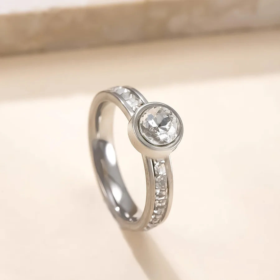 Geometric Zircon Stainless Steel Ring Steel Color-white Diamond
