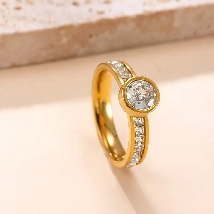 Geometric Zircon Stainless Steel Ring Gold-White Diamond
