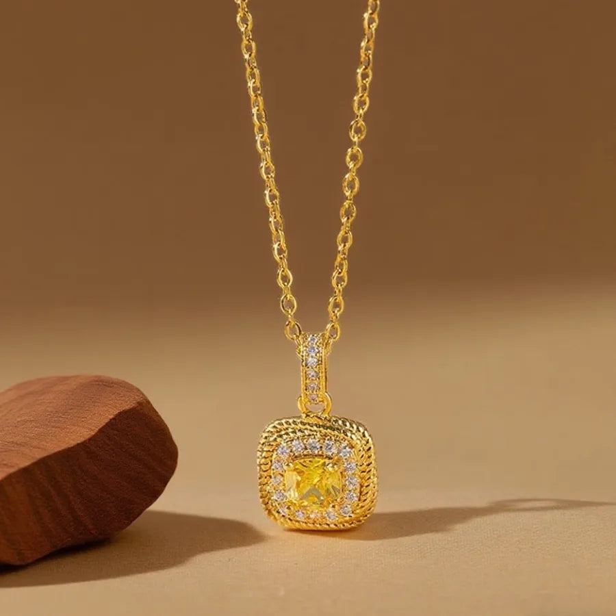 Geometric Titanium Steel Necklace for Women X08083 [Copper Pendant] Small Sugar Cube - Necklace - Gold