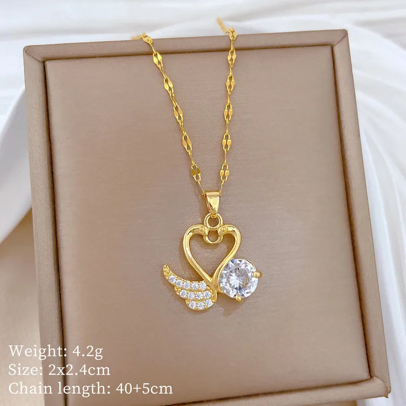 Gold Swan Heart Pendant Necklace for Women