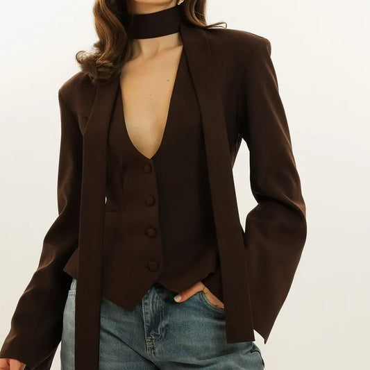 Elegant Puff Sleeve Stand Collar Blazer