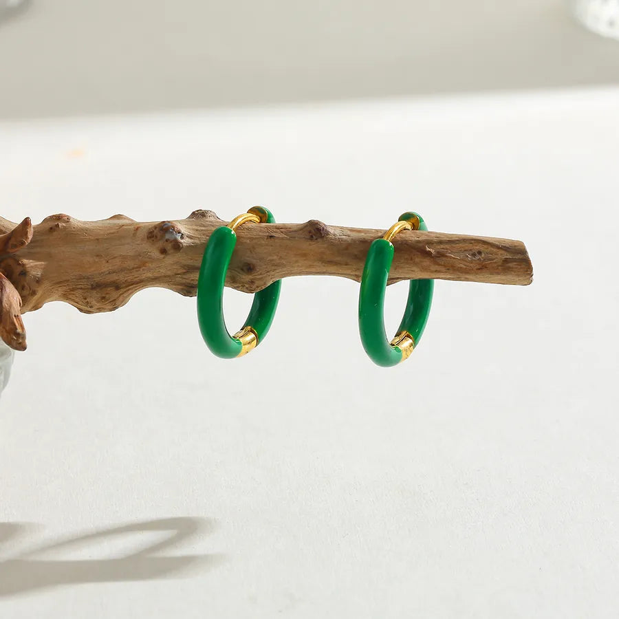 18K Gold Plated Round Stainless Steel Earrings Green-16.48*17.26*2.86mm