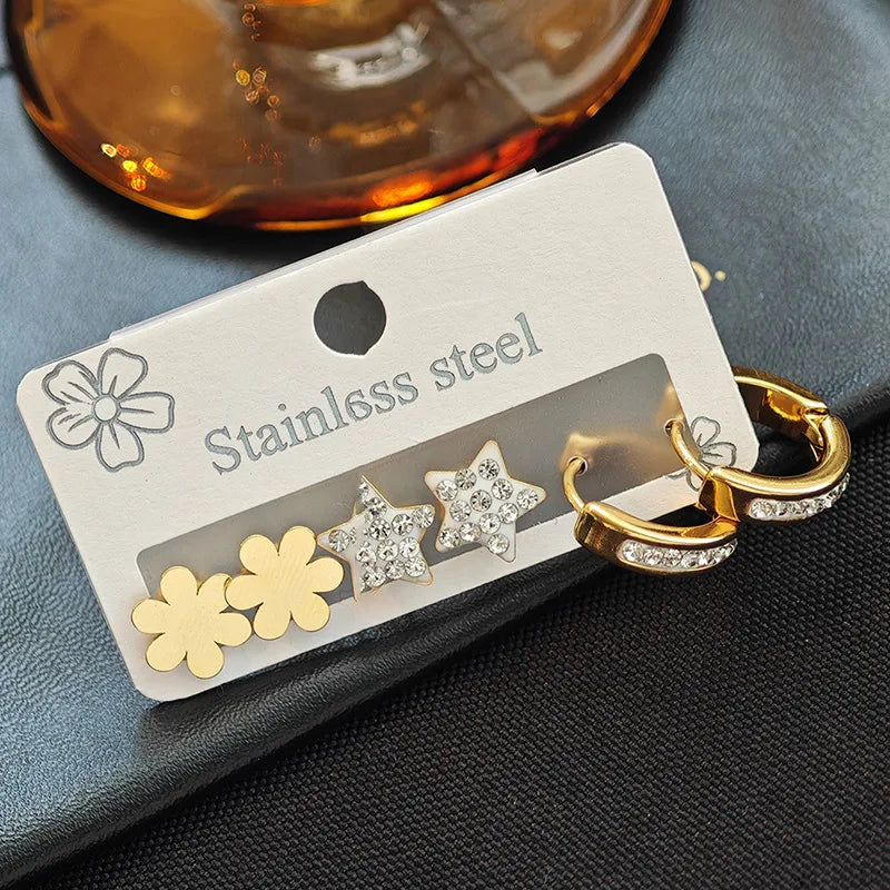 Women's Titanium Star Flower Hoop Earrings Full Diamond Star Earring Set