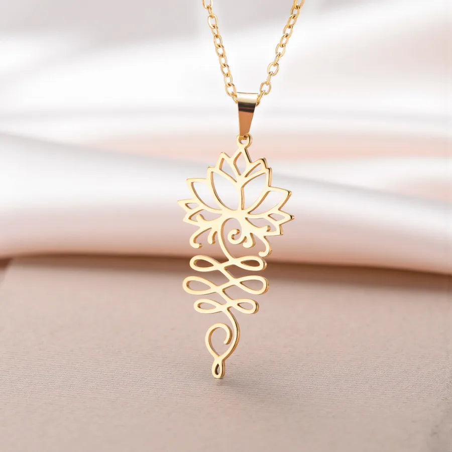 Geometric Lotus Pendant Stainless Steel Necklace