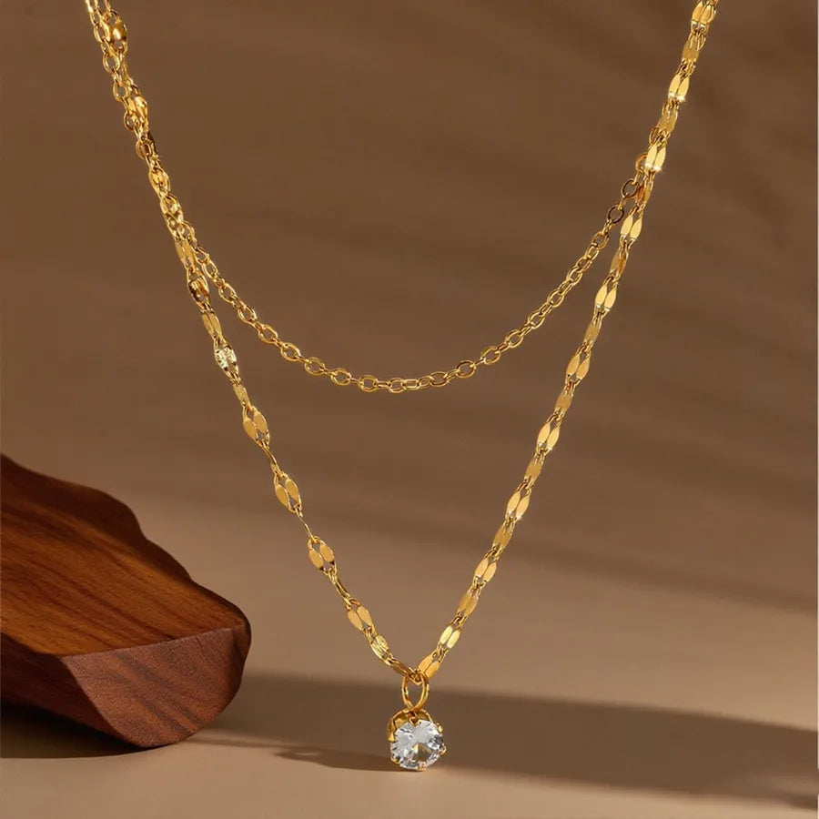 Titanium Steel Heart Pendant Necklace X0386-Single Diamond Double Layer-Necklace- Gold