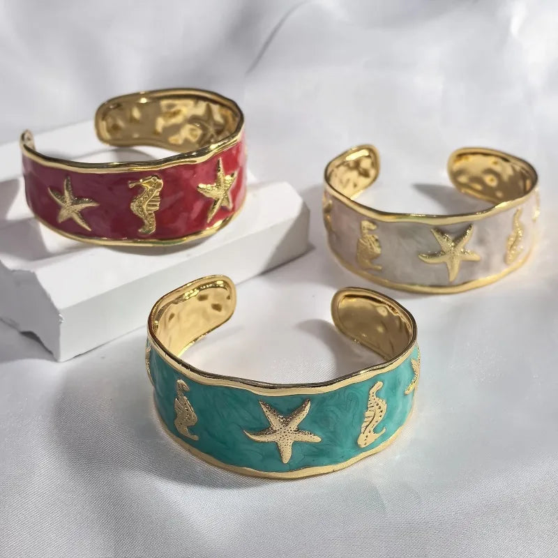 Gold Starfish & Seahorse Stainless Steel Bangle