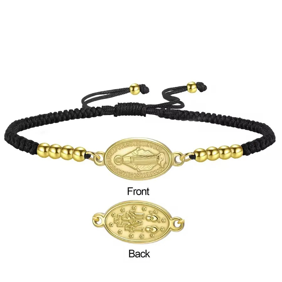 Stainless Steel Virgin Mary Bracelet – Black & Red Rope Gold - Black Rope